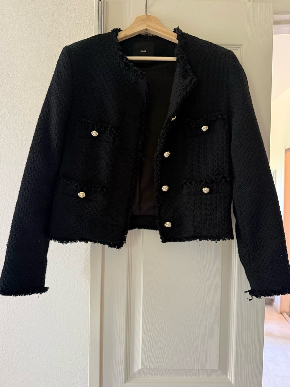 Mango Black Tweed Pearl-Button Cropped Jacket
